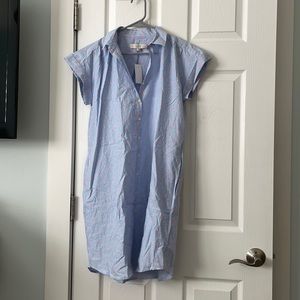 New with tags, loft sundress. Blue and white stripe with pink Swiss dots